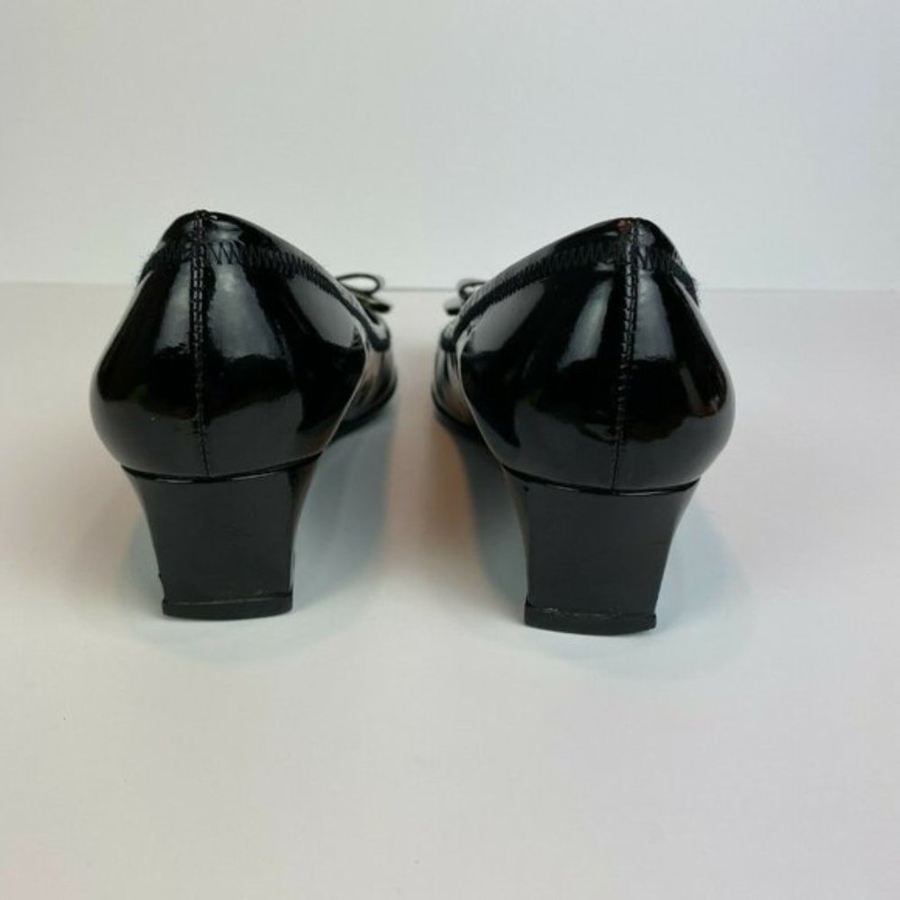 Stuart‎ Weitzman Wedge Heels 5.5 Black Patent Leather Silver Bow Office Career - Picture 3 of 11